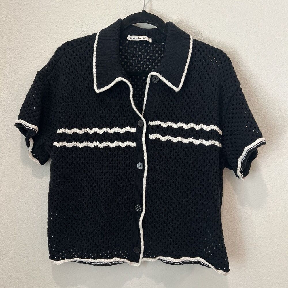 Abercrombie & Fitch Black Knit Button-Up Top with White Trim